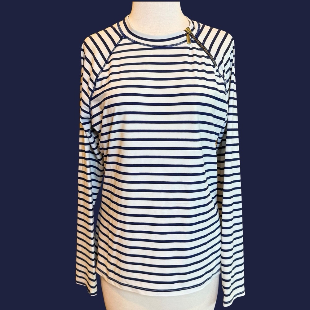 CABANA LIFE White Blue Striped SIDE Zip Rashguard Long Sleeve Shirt Medium